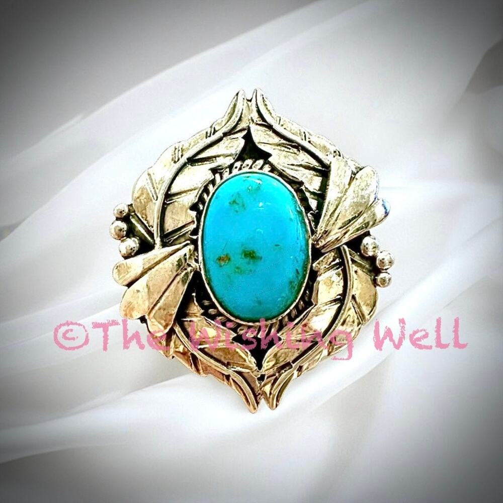 Kingman Turquoise Leaf Feather Statement Ring Size 8
